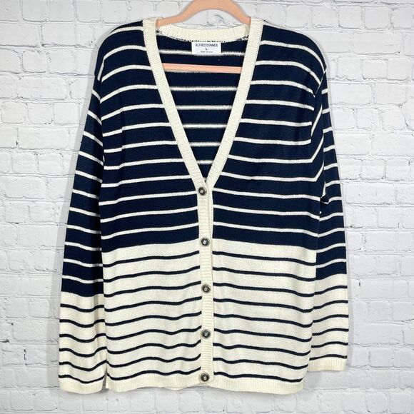 Vintage Alfred Dunner Cardigan Women Large Blue Ivory Nautical Career Sweater - Picture 1 of 12